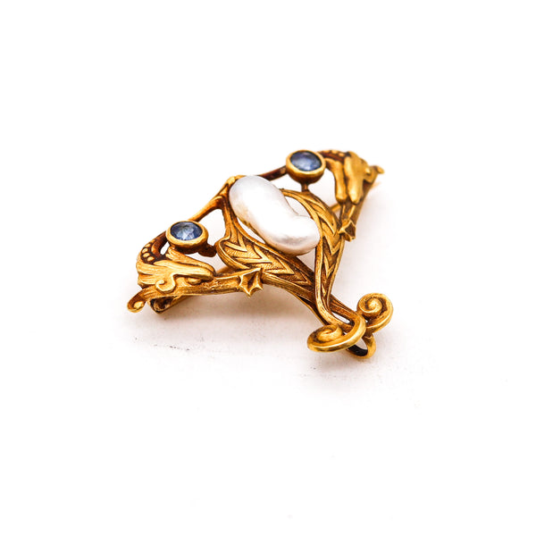 -Art Nouveau 1890 Brooch In 14Kt Gold Montana Sapphires And Mississippi Pearl