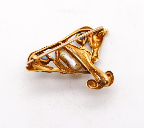 -Art Nouveau 1890 Brooch In 14Kt Gold Montana Sapphires And Mississippi Pearl