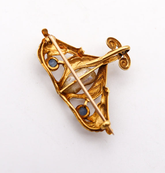 -Art Nouveau 1890 Brooch In 14Kt Gold Montana Sapphires And Mississippi Pearl