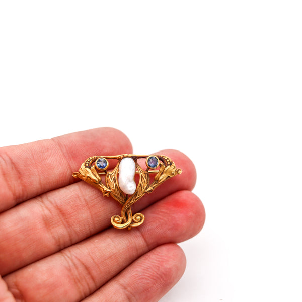 -Art Nouveau 1890 Brooch In 14Kt Gold Montana Sapphires And Mississippi Pearl
