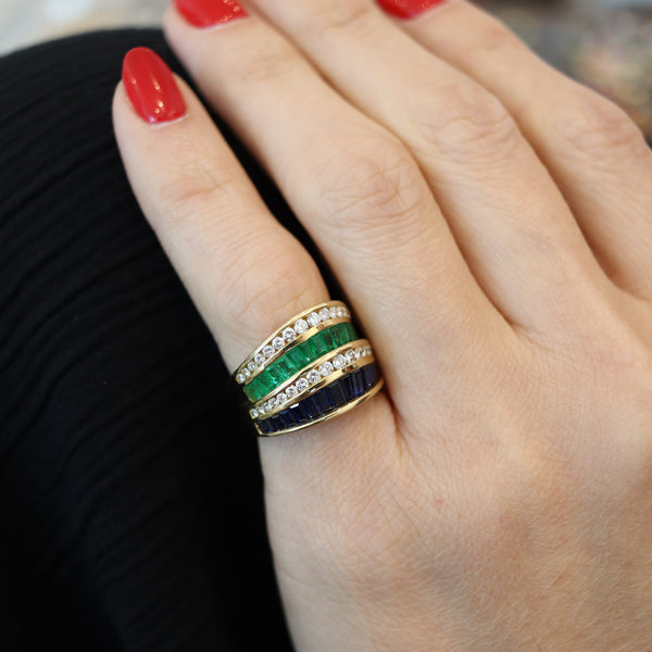 CHARLES KRYPELL Cocktail Ring In 18Kt Gold With 3.66 Ctw In Diamonds, Emerald & Sapphires