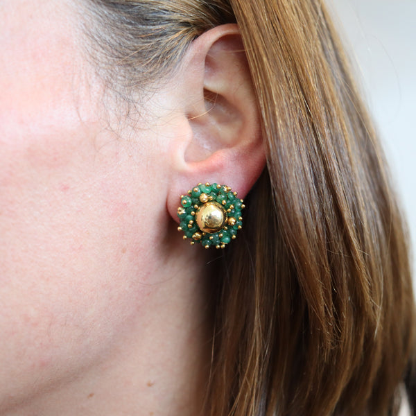 EMERALDS CLUSTERS Clips-On Earrings In 18Kt Yellow Gold With Emeralds Beads