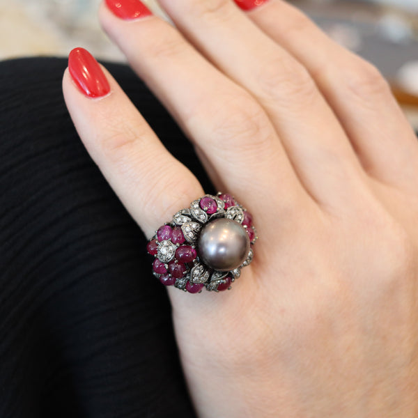 MIKIMOTO Tahitian Pearl Cocktail Ring In 18Kt Gold With 9.33 Ctw Rubies & Diamonds