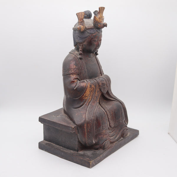 QING DYNASTY 1880 Seated Enthroned Mazu Quan-Yin In Solid Gilt Bronze