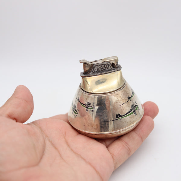 EVANS 1930 Art-Deco Enameled Desk Lighter In .925 Sterling With Planes