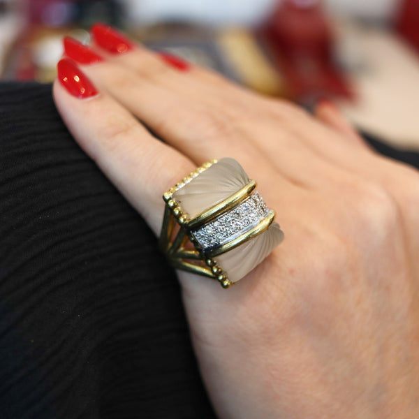 R. STONE 1970 Modernist Cocktail Ring In 18Kt Gold With Diamonds & Rock Quartzes