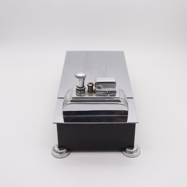 RONSON 1937 Art Deco Brown Lacquered Desk Box With Touch Tip Striker Lighter
