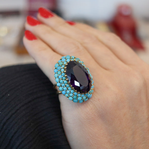 RETRO-MODERNIST 1960 Cocktail Ring IN 18Kt Gold With Amethyst & Turquoises