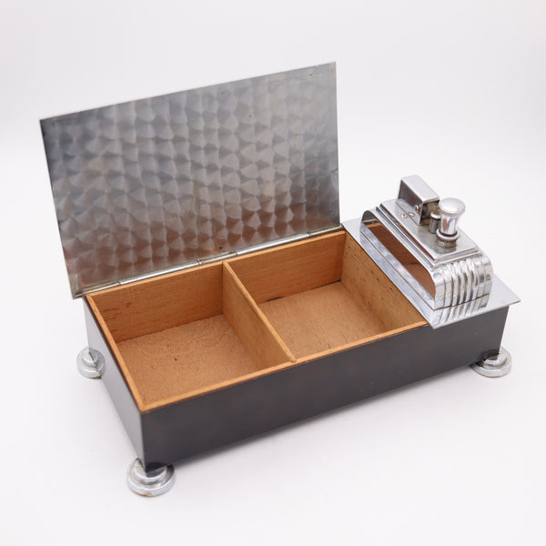 RONSON 1937 Art Deco Brown Lacquered Desk Box With Touch Tip Striker Lighter