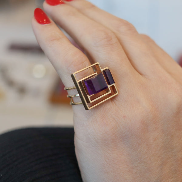 BENT KNUDSEN 1970 Geometric Ring In 14Kt Yellow Gold With Cubist Amethysts