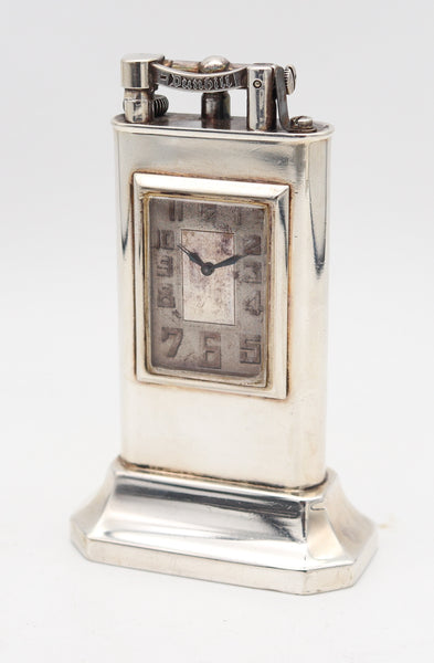 DUNHILL Paris 1930 Art Deco Petrol Desk Club Clock Lighter In Solid .925 Sterling Silver