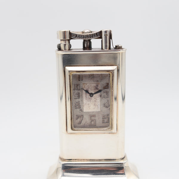 DUNHILL Paris 1930 Art Deco Petrol Desk Club Clock Lighter In Solid .925 Sterling Silver