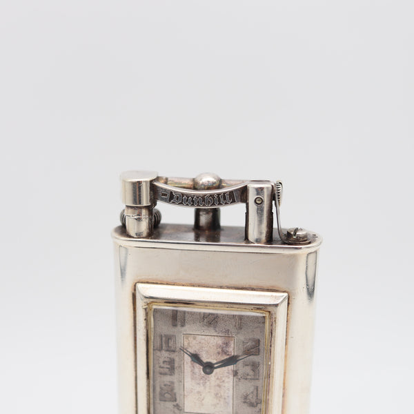 DUNHILL Paris 1930 Art Deco Petrol Desk Club Clock Lighter In Solid .925 Sterling Silver
