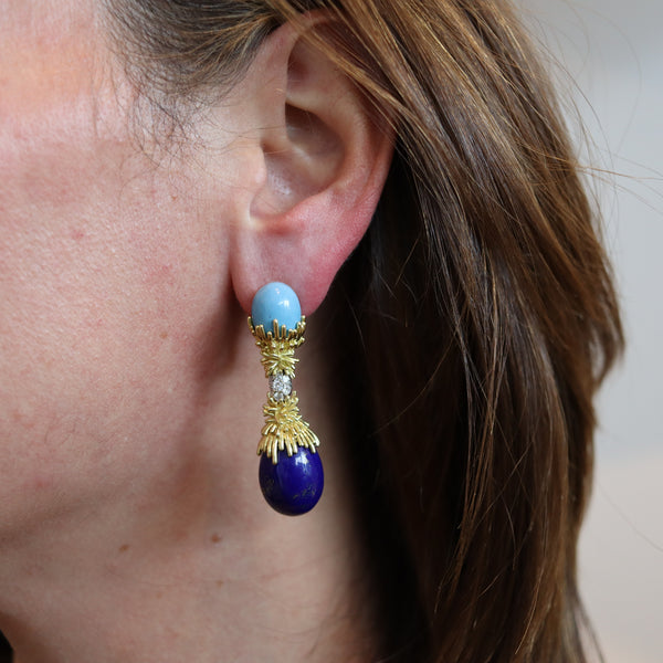 GEORLAND Paris 1970 Dangle Earrings In 18K Gold With Enamel, Diamonds & Lapis