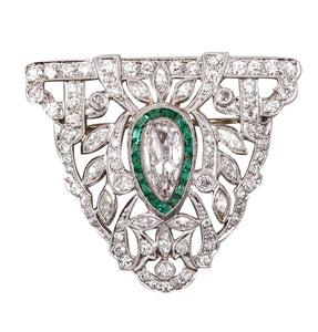 -Art Deco 1930 Pendant Brooch In Platinum With 5.01 Ctw In Diamonds And Emeralds