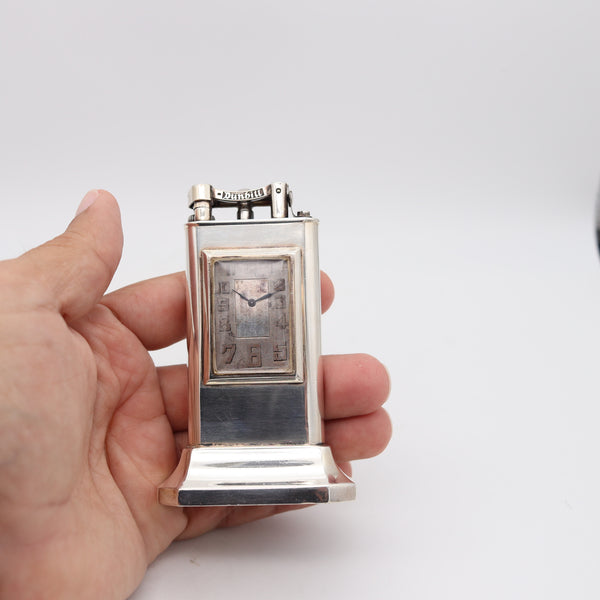 DUNHILL Paris 1930 Art Deco Petrol Desk Club Clock Lighter In Solid .925 Sterling Silver
