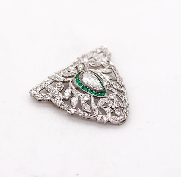 -Art Deco 1930 Pendant Brooch In Platinum With 5.01 Ctw In Diamonds And Emeralds