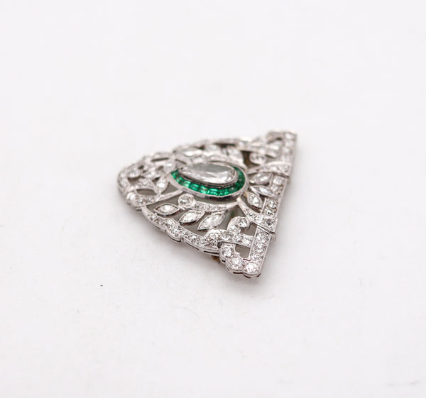 -Art Deco 1930 Pendant Brooch In Platinum With 5.01 Ctw In Diamonds And Emeralds