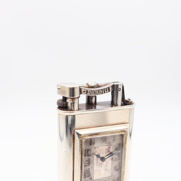 DUNHILL Paris 1930 Art Deco Petrol Desk Club Clock Lighter In Solid .925 Sterling Silver