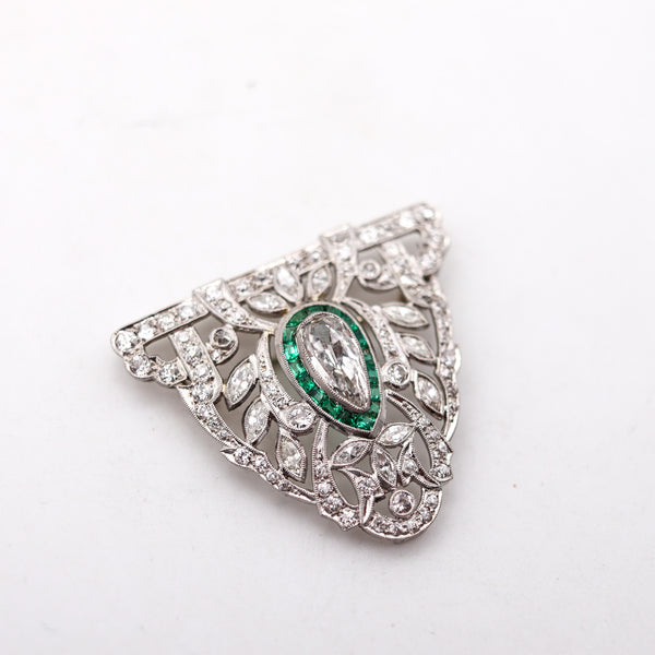 -Art Deco 1930 Pendant Brooch In Platinum With 5.01 Ctw In Diamonds And Emeralds