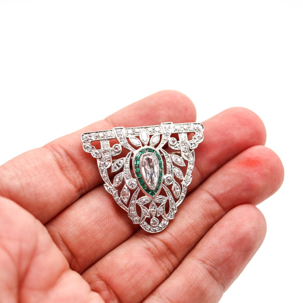 -Art Deco 1930 Pendant Brooch In Platinum With 5.01 Ctw In Diamonds And Emeralds