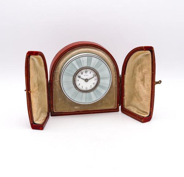 -Cartier Paris 1910 Belle Epoque Enamel And Diamonds Desk Clock In Gold Platinum Silver