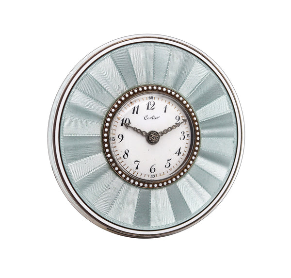 -Cartier Paris 1910 Belle Epoque Enamel And Diamonds Desk Clock In Gold Platinum Silver