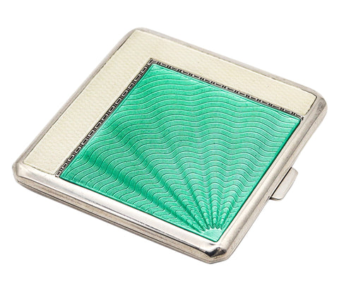 DEAKIN & FRANCIS 1935 Birmingham Guilloche Green Enamel Box In .925 Sterling