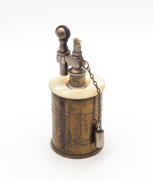 -Tiffany Co. Paris 1919 French Table Petrol Lighter In Brass And Carved White Nacre