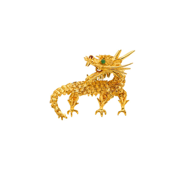 -CARTIER 1970 Sculpted Dragon Brooch In 18Kt Yellow Gold With Rubies And Emerald