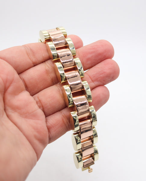 CARTIER 1930 Art-Deco Tank-Tracks Bracelet In 14Kt Yellow & Rose Gold
