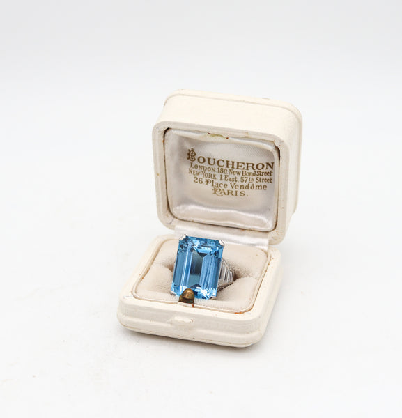 BOUCHERON Paris 1938 Art Deco Platinum Ring With 23.55 Cwt Aquamarine & Diamonds