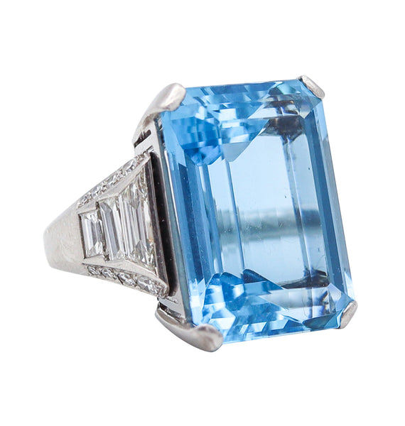 BOUCHERON Paris 1938 Art Deco Platinum Ring With 23.55 Cwt Aquamarine & Diamonds