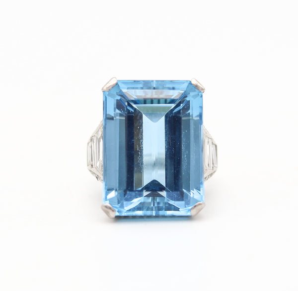 BOUCHERON Paris 1938 Art Deco Platinum Ring With 23.55 Cwt Aquamarine & Diamonds
