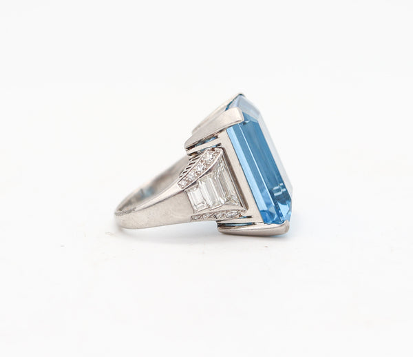 BOUCHERON Paris 1938 Art Deco Platinum Ring With 23.55 Cwt Aquamarine & Diamonds