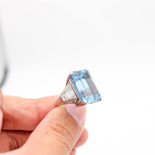 BOUCHERON Paris 1938 Art Deco Platinum Ring With 23.55 Cwt Aquamarine & Diamonds