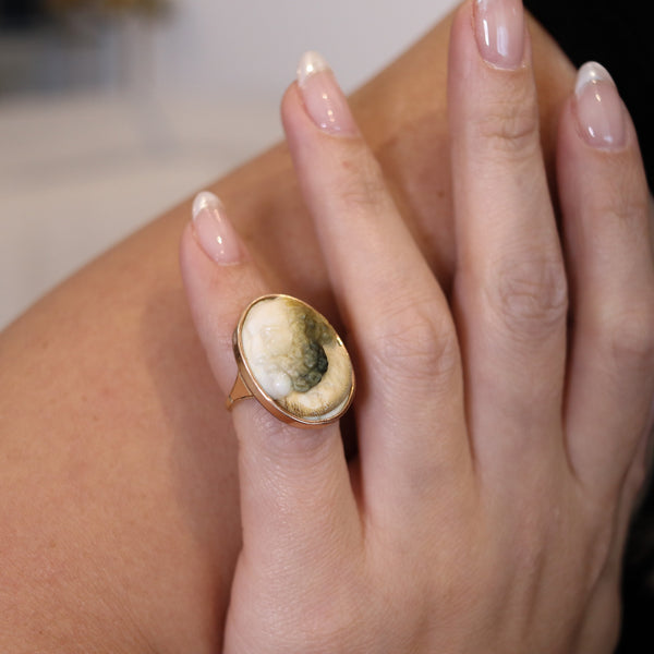 -Victorian 1870 Operculum Carved Shell Memento Ring In 14Kt Yellow And Rose Gold
