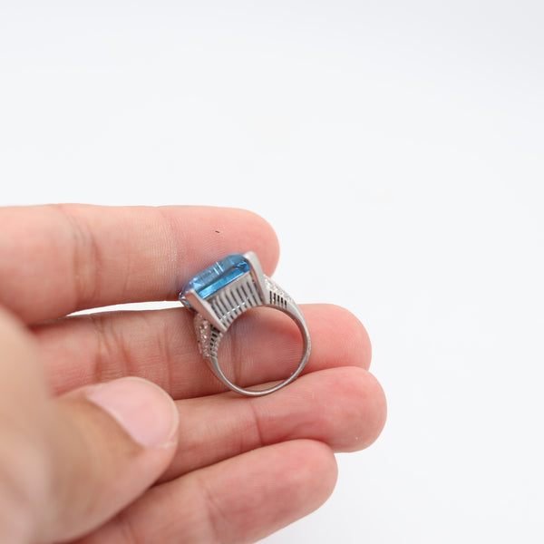 BOUCHERON Paris 1938 Art Deco Platinum Ring With 23.55 Cwt Aquamarine & Diamonds