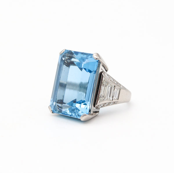 BOUCHERON Paris 1938 Art Deco Platinum Ring With 23.55 Cwt Aquamarine & Diamonds