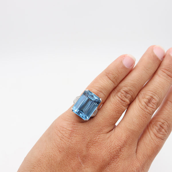 BOUCHERON Paris 1938 Art Deco Platinum Ring With 23.55 Cwt Aquamarine & Diamonds