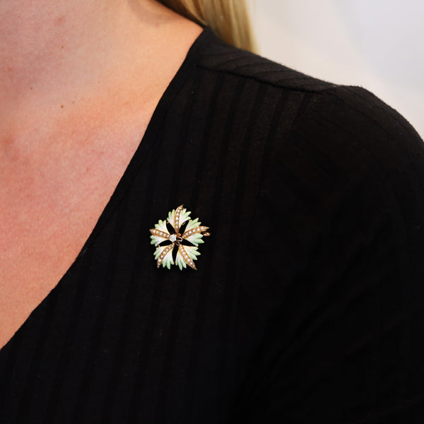 -Edwardian 1905 Enameled Flower Pendant Brooch In 14Kt Gold With Diamond And Pearls
