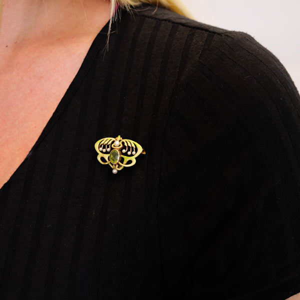 -Alling & Co. 1900 Art Nouveau Enamel Brooch In 14Kt Gold With Peridot And Natural Pearls