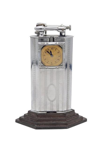 TRIANGLE Art Deco 1928 Skyscraper Table Petrol Lighter-Clock In Chromed Steel