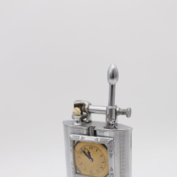 TRIANGLE Art Deco 1928 Skyscraper Table Petrol Lighter-Clock In Chromed Steel