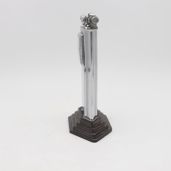 TRIANGLE Art Deco 1928 Skyscraper Table Petrol Lighter-Clock In Chromed Steel