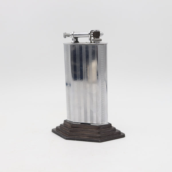 TRIANGLE Art Deco 1928 Skyscraper Table Petrol Lighter-Clock In Chromed Steel