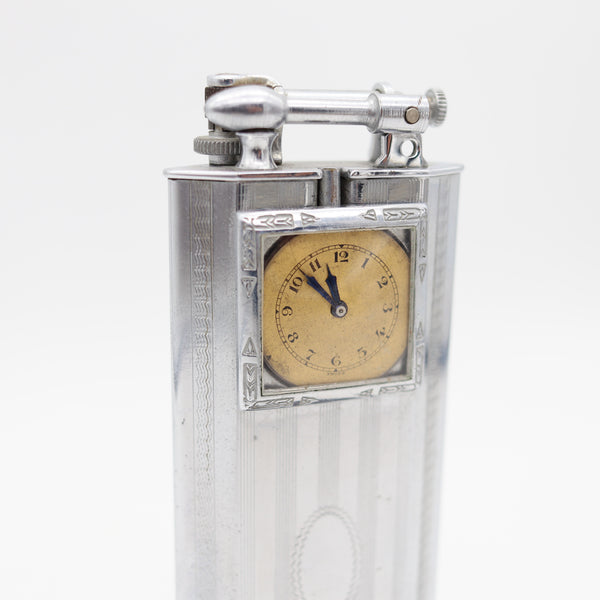 TRIANGLE Art Deco 1928 Skyscraper Table Petrol Lighter-Clock In Chromed Steel
