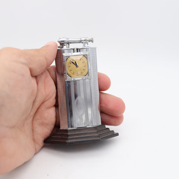 TRIANGLE Art Deco 1928 Skyscraper Table Petrol Lighter-Clock In Chromed Steel