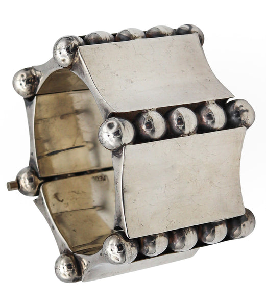 -Mexico 1950 Taxco Geometric Statement Bracelet In .925 Sterling Silver