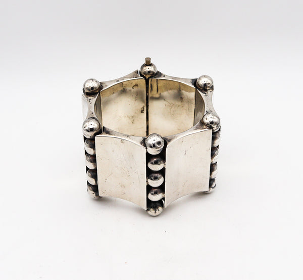-Mexico 1950 Taxco Geometric Statement Bracelet In .925 Sterling Silver